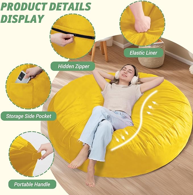 7FT Bean Bag Chair with Ultra Soft Velvet Cover Bean Bag Sofa with Memory Foam - Image 4