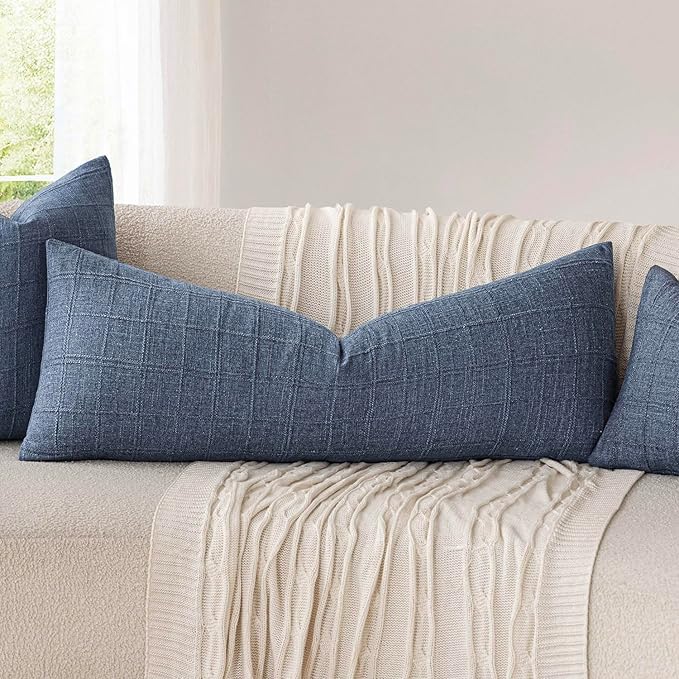 Foindtower Set of 2 Decorative Linen Check Throw Pillow Covers Neutral Long - Image 5