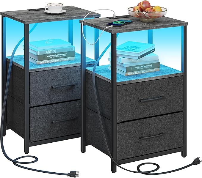 TUTOTAK LED End Table with Charging Station, Nightstand with Cloth Drawer by WelcometotheTUTOTAKHome