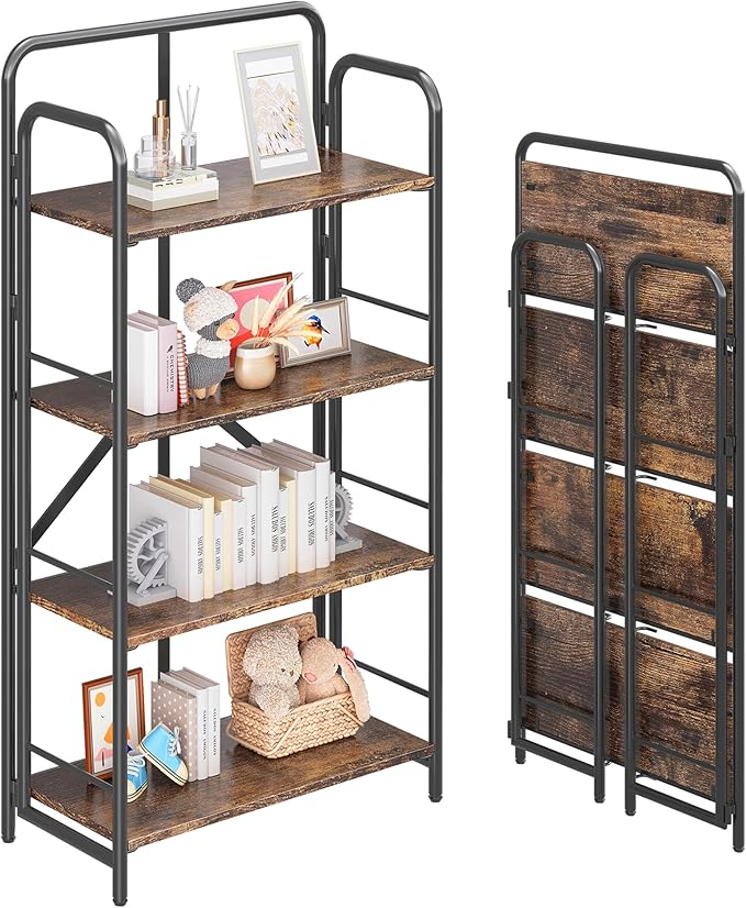 4NM No Assembly Folding Bookshelf 4 Tiers Vintage Industrial Black Book Shelf by 4NM