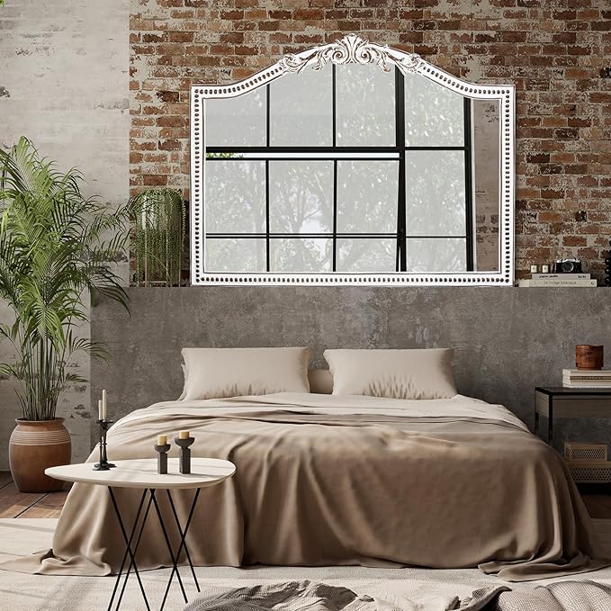 32x42 Inch Ornate Wooden Arched Wall Mirror, Rustic Farmhouse Decorative Wide - Image 8