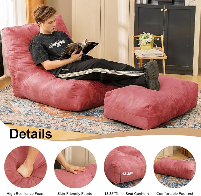 Bean Bag Chair with Ottoman, Comfy Bean Bag Sofa with Memory Foam, Lazy BeanBag - Image 4