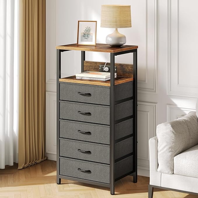 Seventable Night Stand with Charging Station, Tall Nightstand with 5 Fabric - Image 2