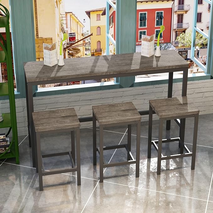 KEIKI 60.24” Long Bar High Top Dining Table and 3 Stools Chairs Set, Wood - Image 5
