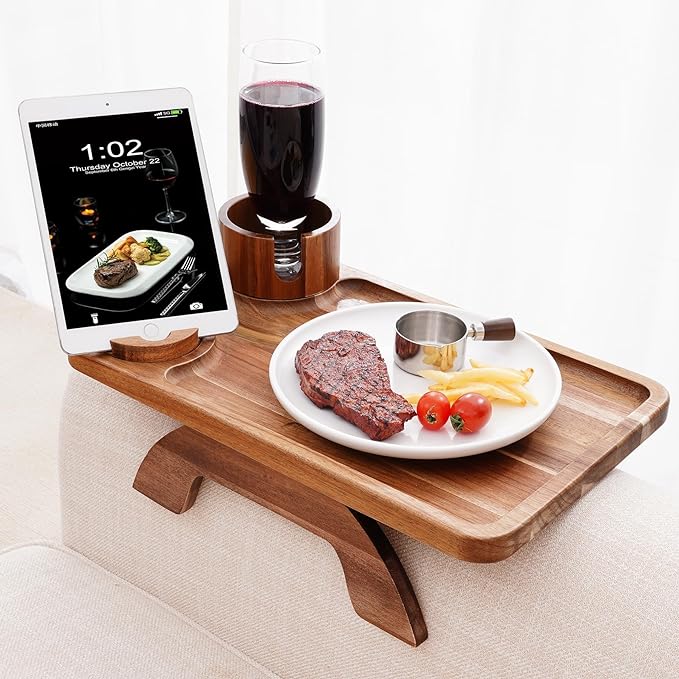 Nnewvante Couch Cup Holder Tray, 3 in 1 Large 15.36"x9.85" Acacia Wood Sofa Arm - Image 2
