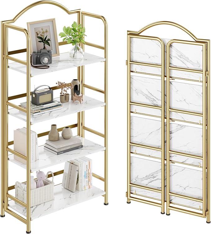 No-Assembly Gold Folding Bookshelf Storage Shelves 4 Tiers Vintage by THKKYHomeOfficeFurniture