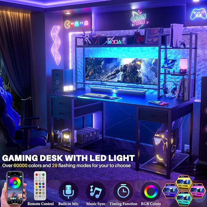 Aheaplus Desk with LED and Outlets, Gaming Desk with Hutch, 55.2'' Computer - Image 5