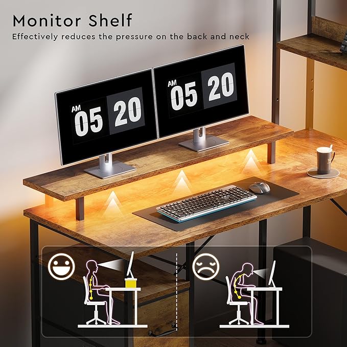 L Shaped Desk with Shelves, Reversible Computer Desk with LED Lights and - Image 7