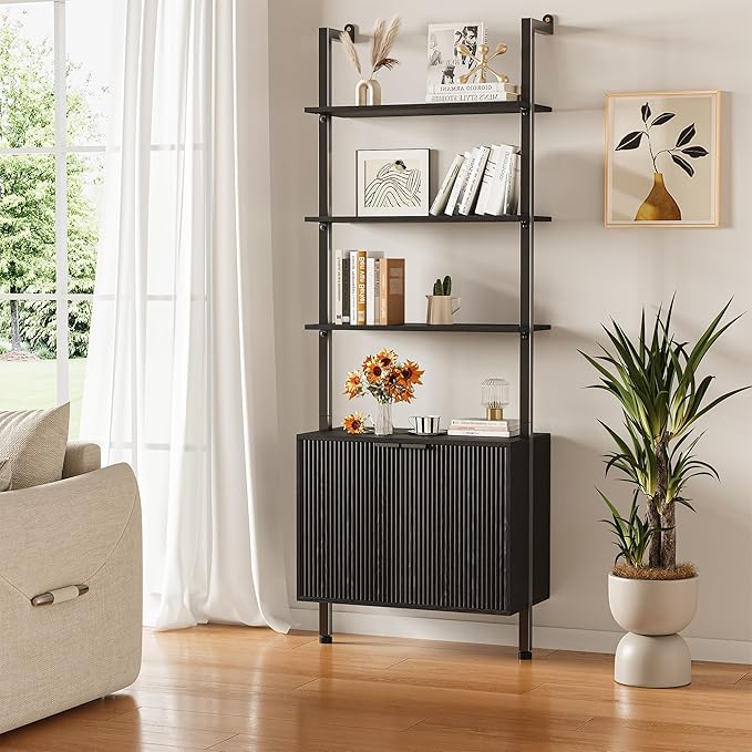 74" Tall Bookshelf with Storage Cabinet, Modern Ladder Shelf with Wood and - Image 3