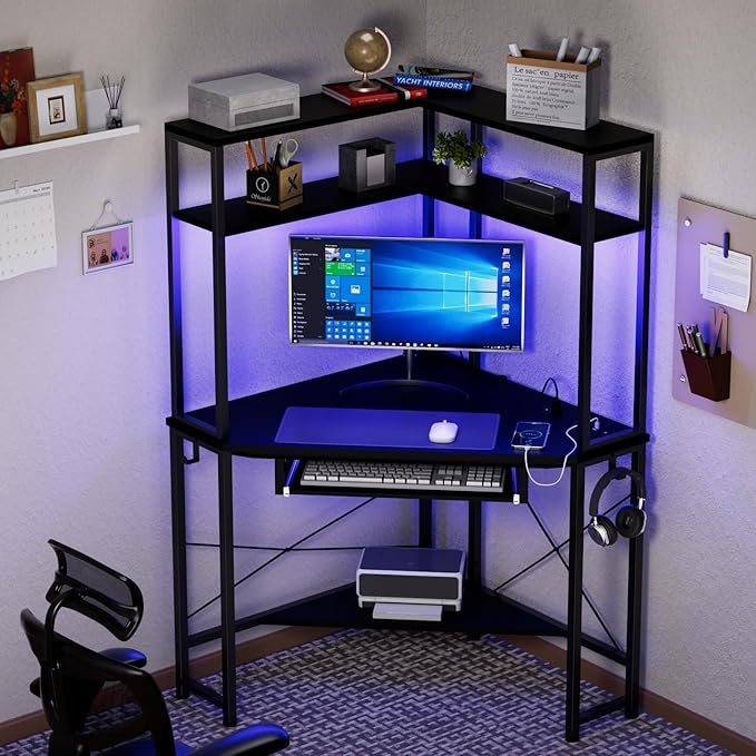 Corner Desk with Hutch and LED Lights, Corner Computer Desk with Keyboard Tray - Image 6