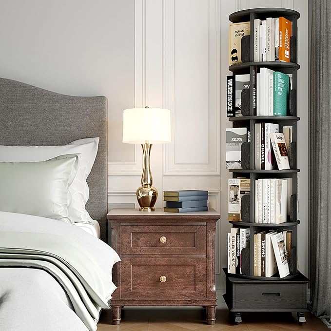 Solid Wood Rotating Bookshelf Tower on Wheels, 5-Tier Spinning Bookcase - Image 7