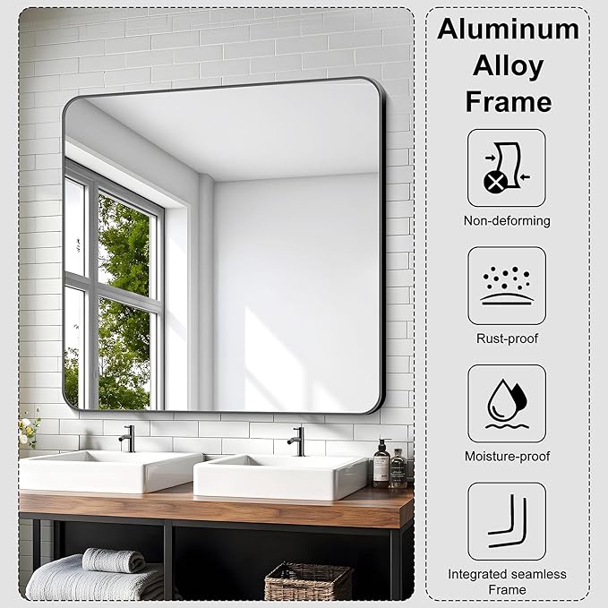 KOCUUY Black Bathroom Mirror 40"x40", Large Square Vanity Mirror - Image 6