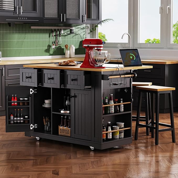 53" Large Kitchen Island with Drop Leaf, Power Outlet & Door Internal Storage - Image 8