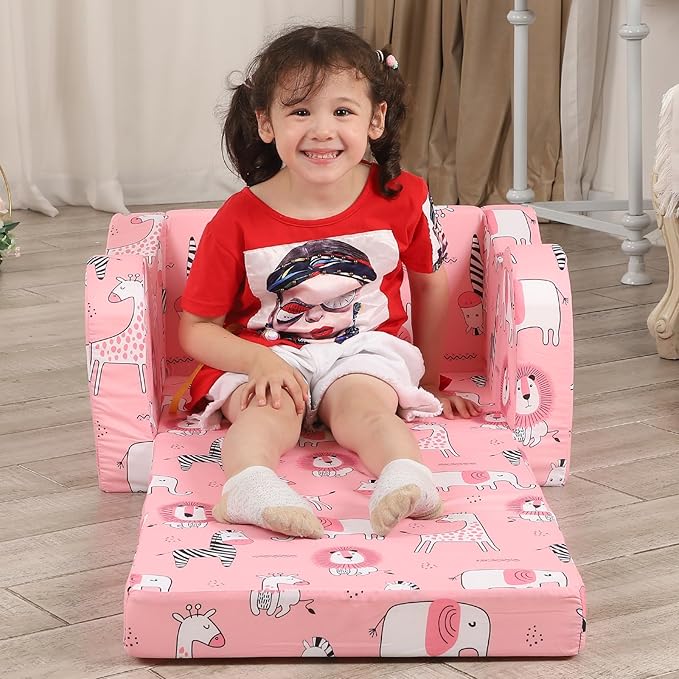 Pink Kids Sofa, 2-in-1 Kids Couch Fold Out, Convertible Sofa to Bed - Image 6