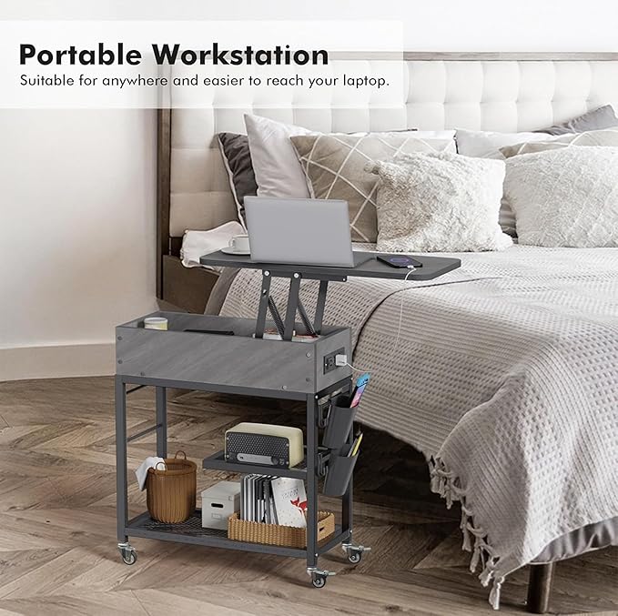 Colima Lift Top End Table with Charging Station and Wheels, Sofa Side Table - Image 9