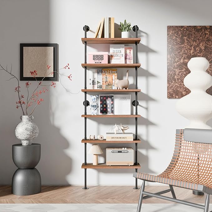 Pipe Industrial Shelves, Wall Mounted Wood Metal Ladder Rustic Bookshelf - Image 4