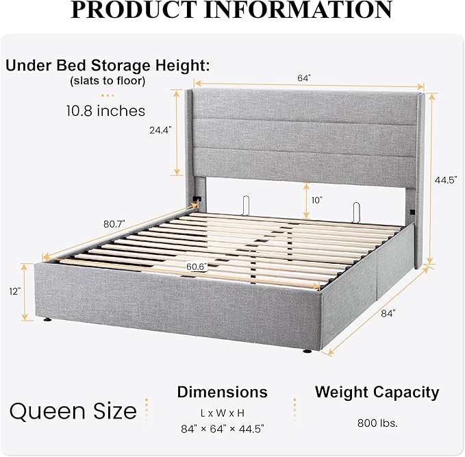 SHA CERLIN Queen Size Lift Up Storage Bed/Modern Wingback Headboard/Upholstered - Image 2