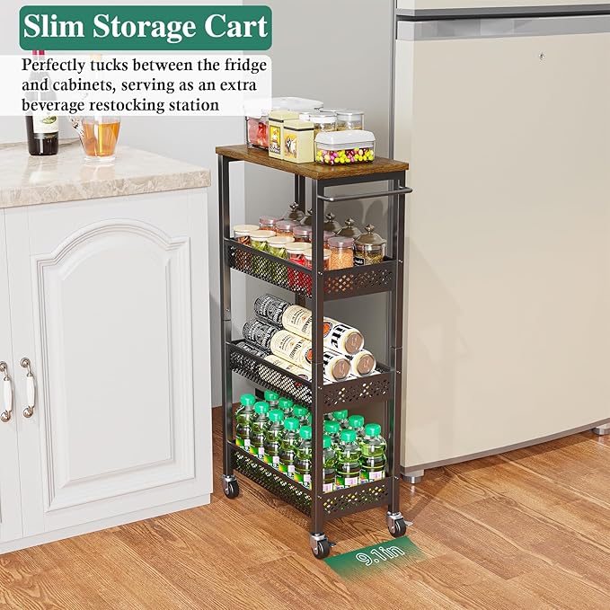 Utility Slim Storage Cart, 4-Tier Narrow Bathroom Organizer and Storage Cart - Image 7