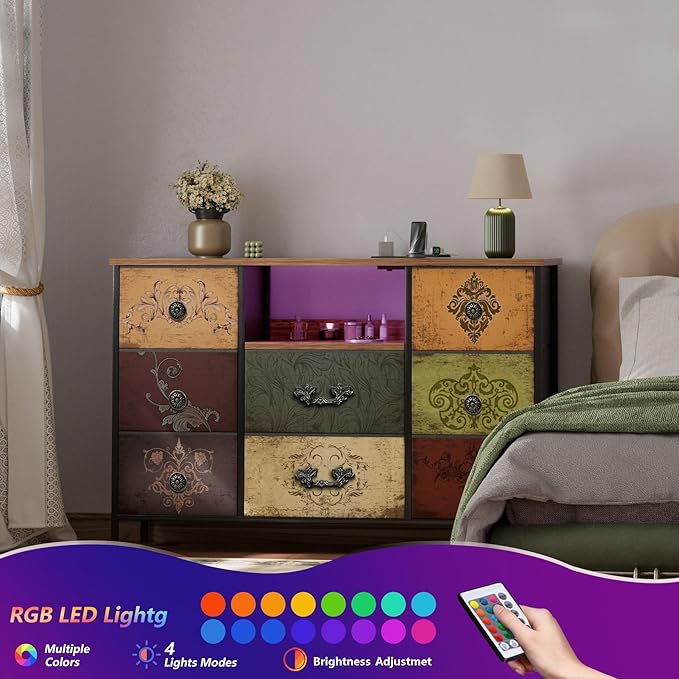 Pattern Dresser with LED Lights and Power Outlets, Dresser TV Stand with 8 - Image 3