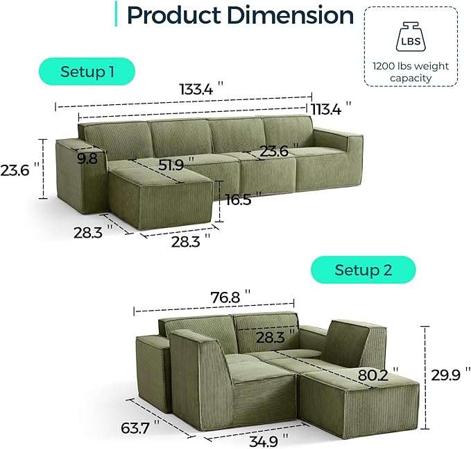 LINSY HOME Modular Sectional Sofa, Corduroy Sectional Cloud Couches - Image 2