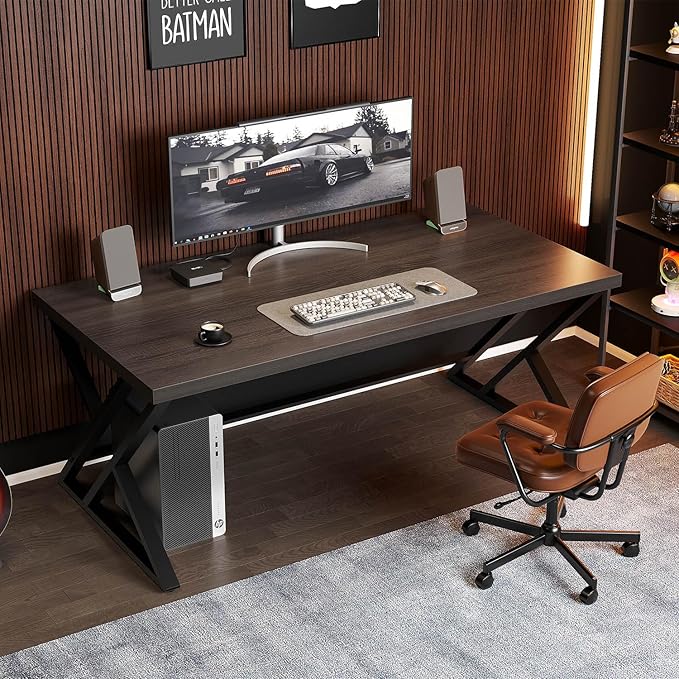 LVB Modern Computer Desk, Industrial Home Office Desk, Metal Wood Writing Study - Image 2