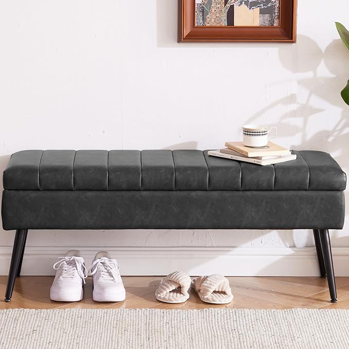 CUYOCA Storage Ottoman Bench, 43.5" Faux Leather Upholstered Entryway Bench - Image 3