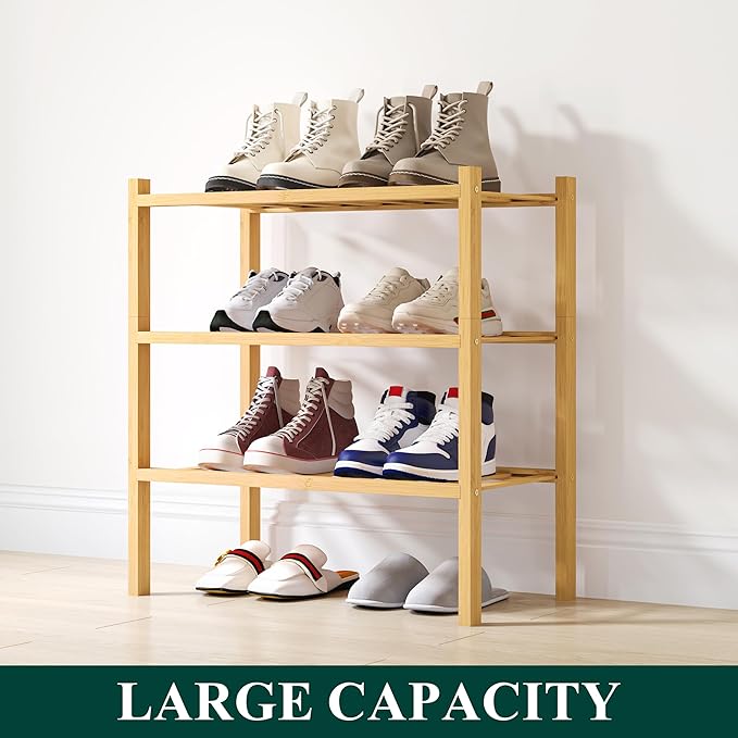 Smiry Shoe Rack, 3 Tier Small Bamboo Shoe Organizer, Stackable Free Standing - Image 5