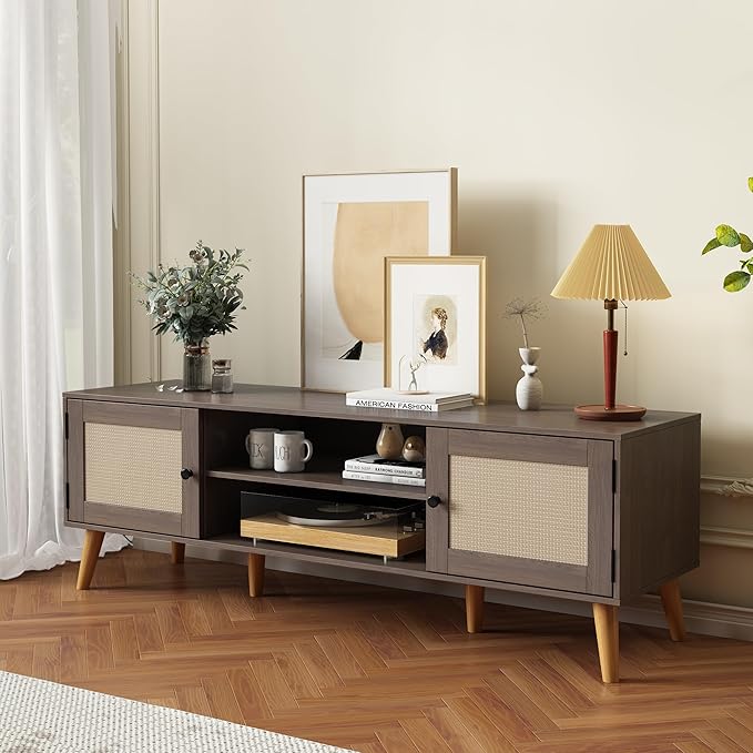 TV Stand for TVs up to 65 inches, Rattan Grain Finish Panel - Image 5