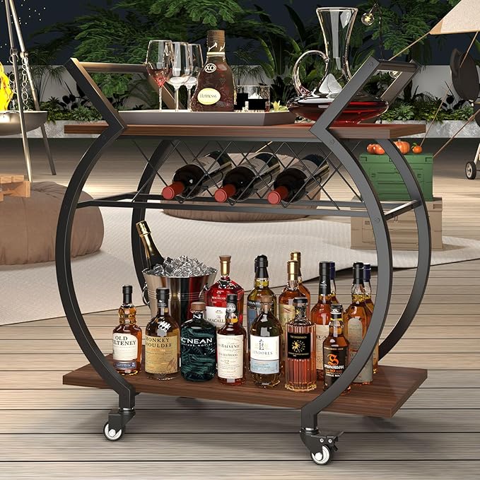 LVB Modern Gold Bar Cart, Industrial Rolling Serving Wine Cart - Image 8