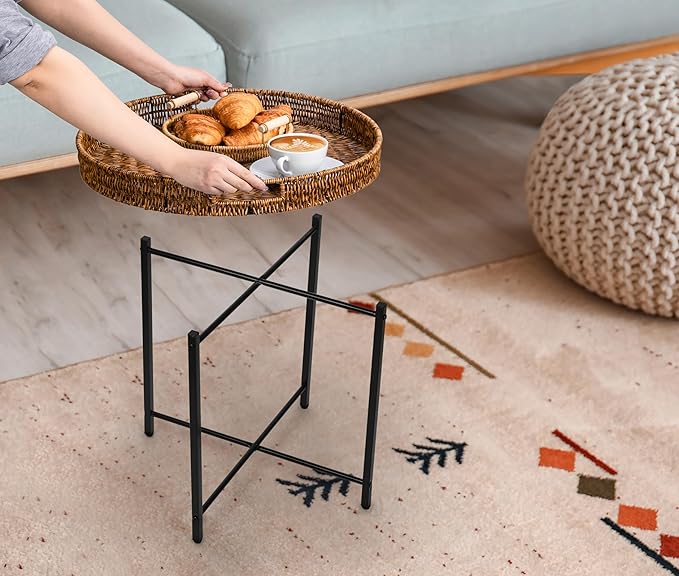 Brown Small Round End Table, 19in Rattan End Tables, Wicker Rattan Side Table - Image 5