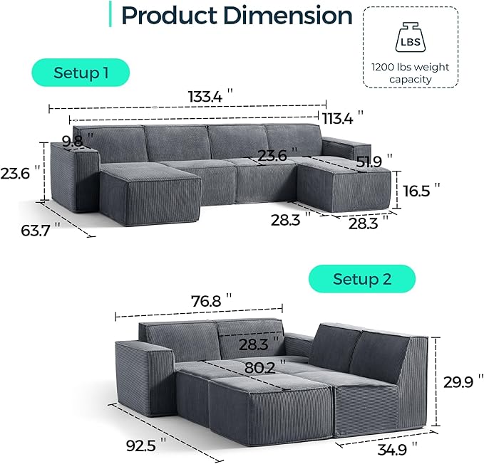 LINSY HOME Modular Sectional Sofa, Corduroy Sectional Cloud Couches - Image 2