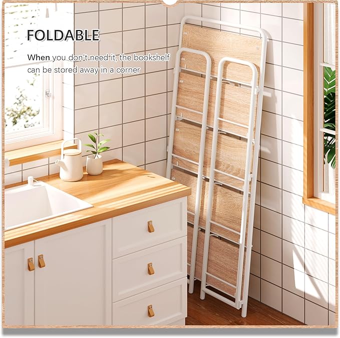 4NM No Assembly Folding Bookshelf 5 Tiers Vintage Industrial White Book Shelf - Image 5