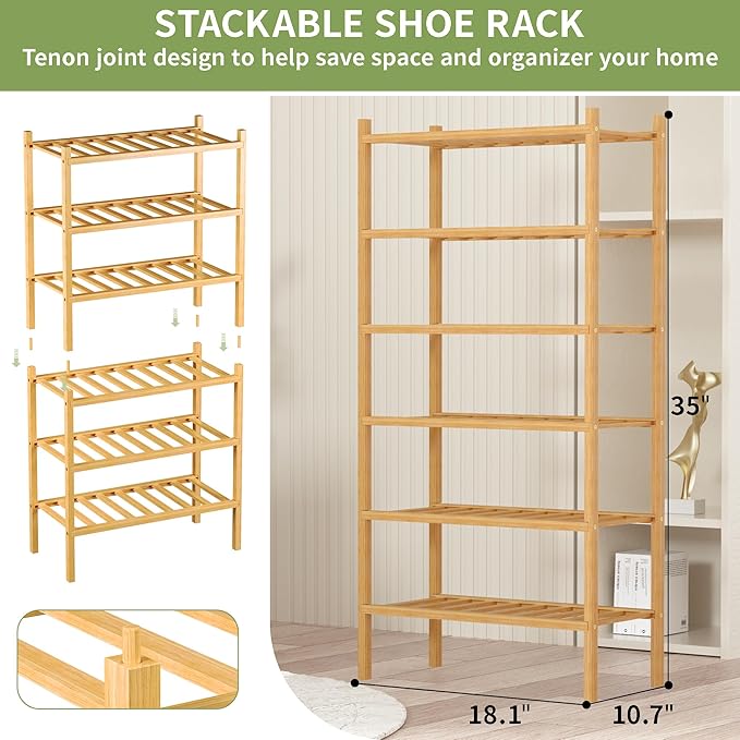 6-Tier Bamboo Small Shoe Rack, Free Standing Wood Shoe Shelf Storage Organizer - Image 3