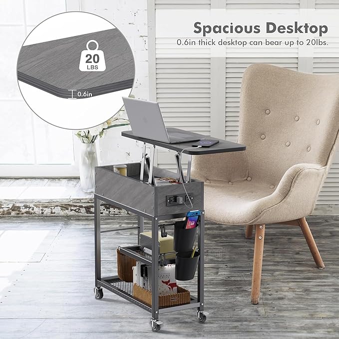 Colima Lift Top End Table with Charging Station and Wheels, Sofa Side Table - Image 8