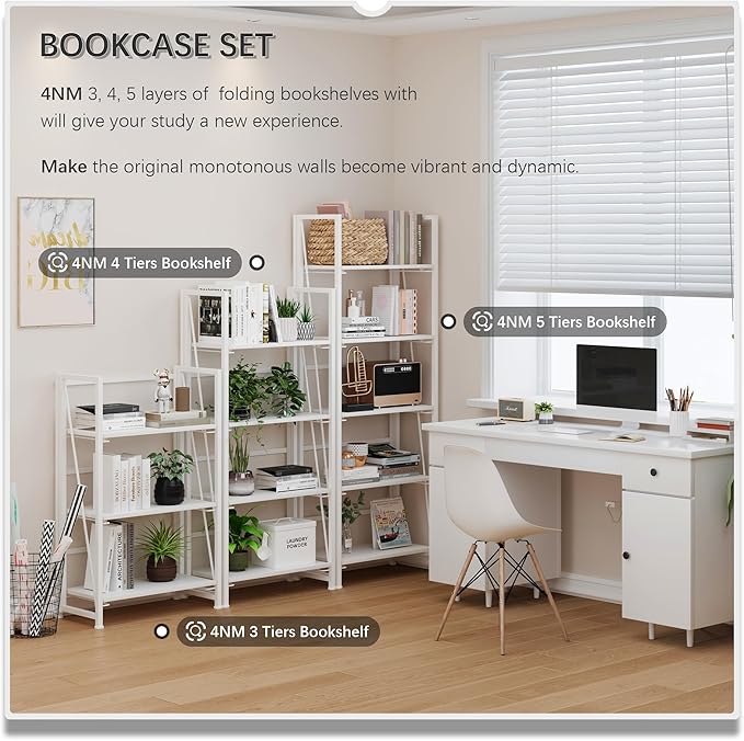 4NM No-Assembly Folding Bookshelf Storage Shelves 4 Tiers Vintage Bookcase - Image 5