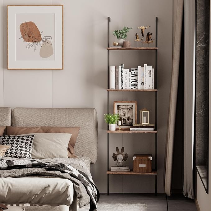 Ladder Shelf 4 Tiers Metal Industrial Bookshelf, Wall Mount Wide Book Case - Image 7