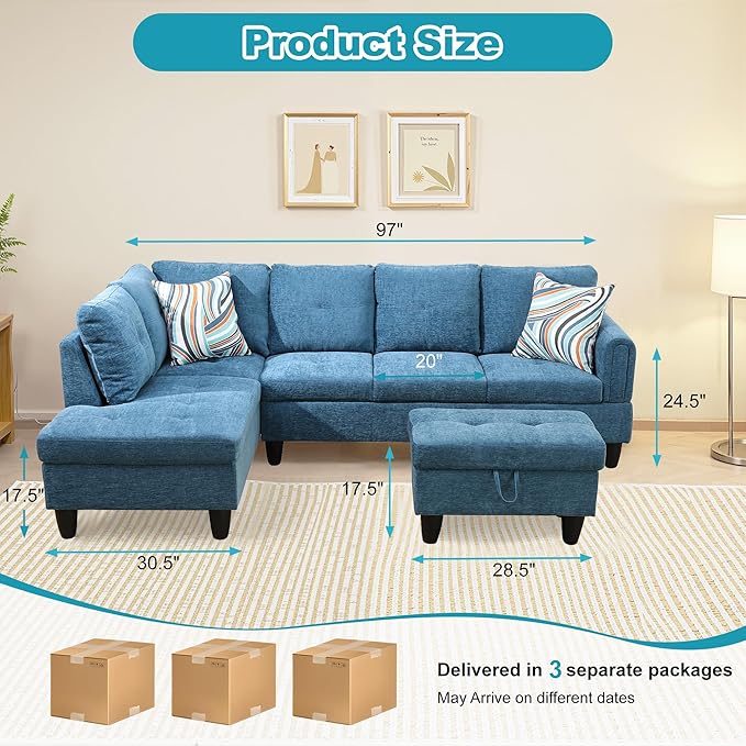 L Shaped Couch Modern Sectional Couch Upholstered Flannel Fabric 3 Pieces Sofas - Image 2