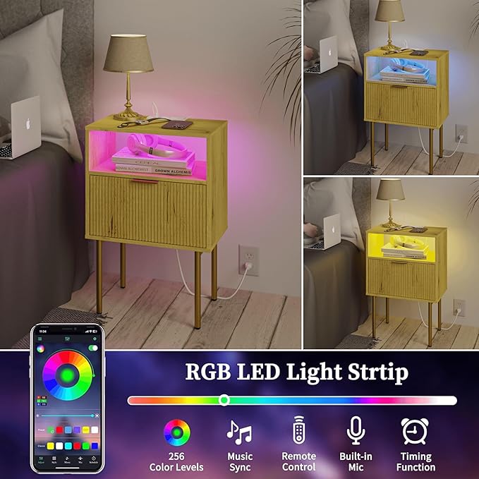Nightstand with Charging Station, Bedside Table with Storage Drawer, Fluted - Image 5
