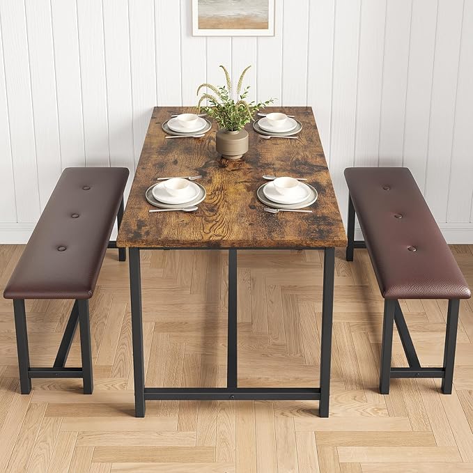 Garvee Dining Table with 2 Benches, Kitchen Table with 2 Upholstered Benches - Image 7