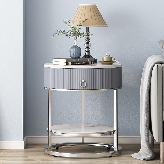OIOG Modern End Table with Drawer, 2 Tier Side Table with Shelf, Round by OIOG