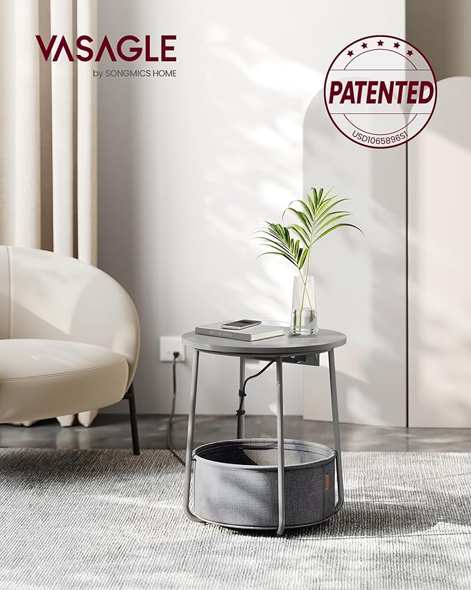 VASAGLE Side Table with Charging Station, Round End Table with Fabric Basket - Image 3