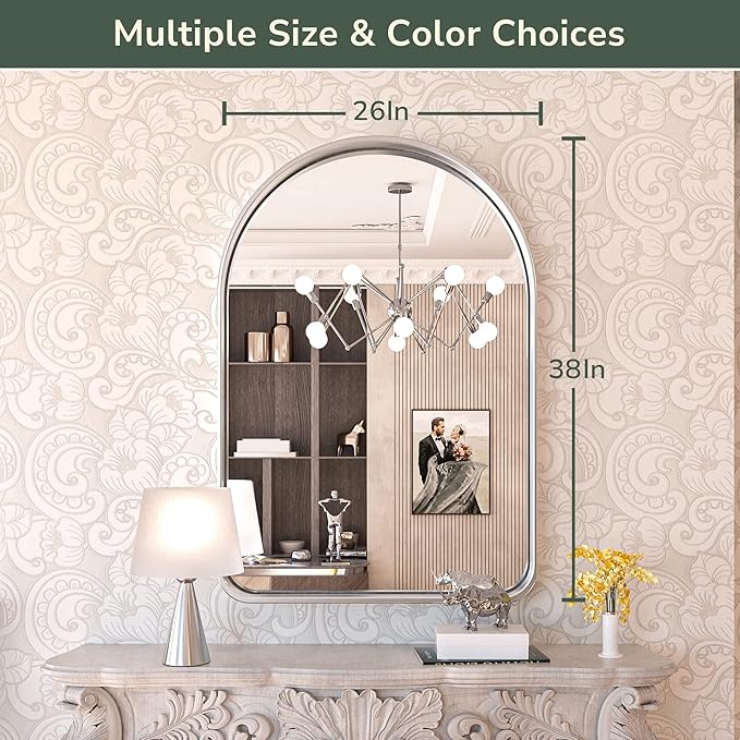 TokeShimi Arched Brushed Silver Bathroom Mirror 26x38 Inch - Image 7
