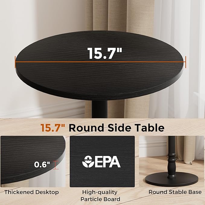 Round Side Table, Solid Wood Pillar, Large 15.7" Top, Small Accent Table - Image 3