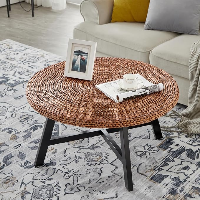 RANDEFURN Round Coffee Table, Seagrass Coffee Solid Pine Wood X Base Frame - Image 4