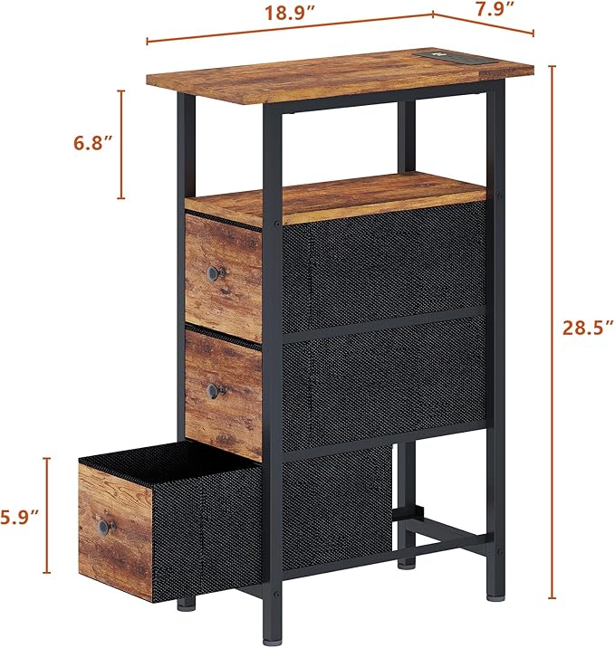 End Table with Charging Station, Narrow Side Table with 3 Fabric Drawers - Image 3