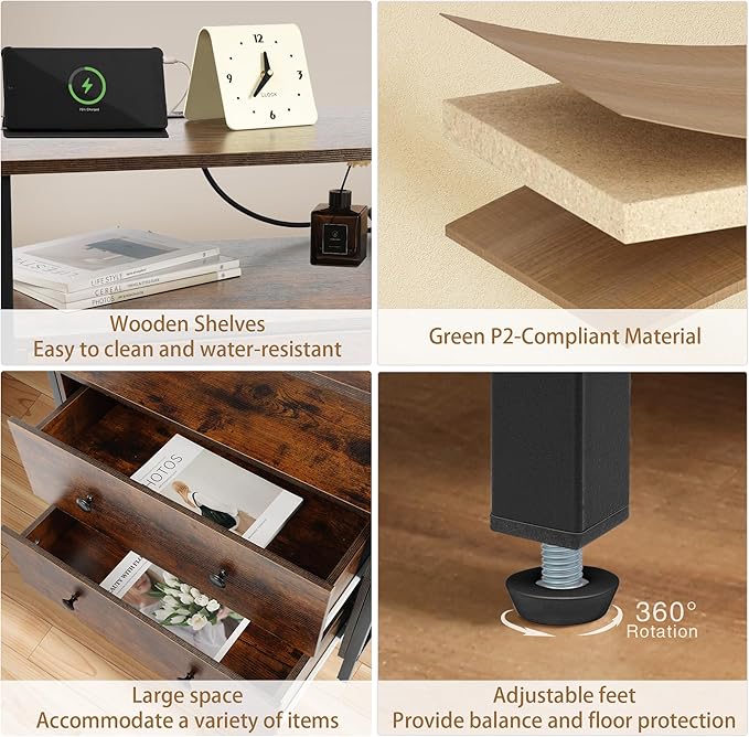 27 inch Wide Nightstand with Charging Station, Bedside Table with Open Shelf - Image 6