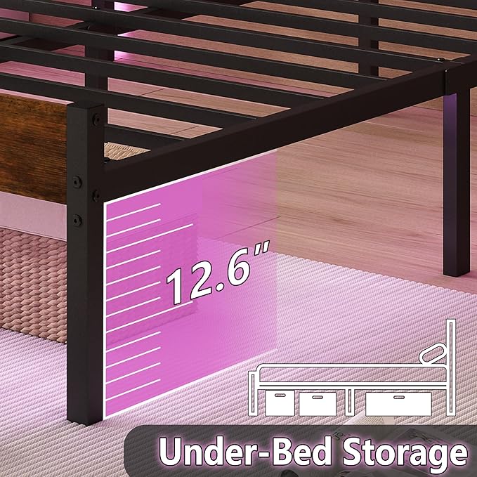 Full Size Bed Frame with Headboard, Heavy Duty LED Bed Frame with USB Charging - Image 5