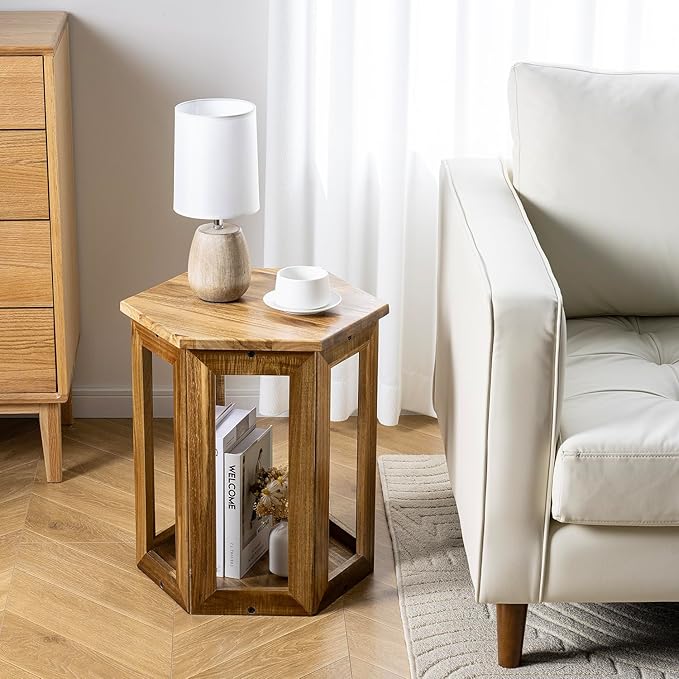 MyGift Premium Acacia Solid Wood Hexagon Designer End Table, 20 Inch Tall - Image 4