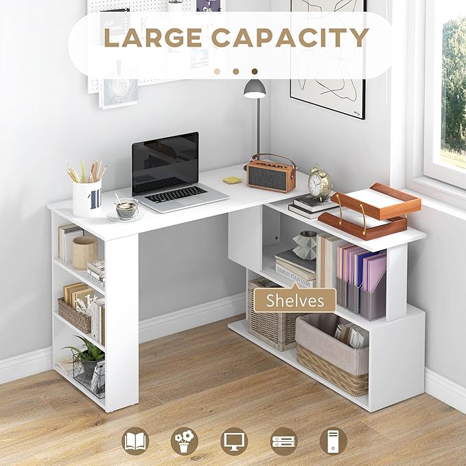 HOMCOM L Shaped Desk, Corner Computer Desk, 360 Degree Rotating Home Office Desk - Image 4