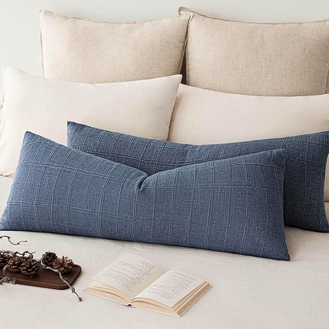 Foindtower Set of 2 Decorative Linen Check Throw Pillow Covers Neutral Long by Foindtower
